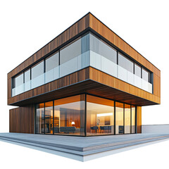 Aufkleber - Modern wooden house with large glass windows and sleek design, showcasing contemporary architectural style. warm lighting creates inviting atmosphere
