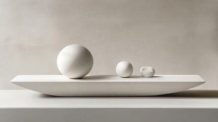Aufkleber - Soft, harmonious clay spheres and an abstract form rest gracefully on a smooth, white tray. This contemporary display enhances the tranquil atmosphere of the room, inviting contemplation