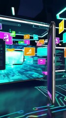 Poster - Dynamic digital interface transformation in futuristic tech environment