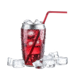 Poster - Refreshing red drink in chilled can with ice cubes and straw. Perfect for hot days, this vibrant beverage is ideal for parties or casual gatherings