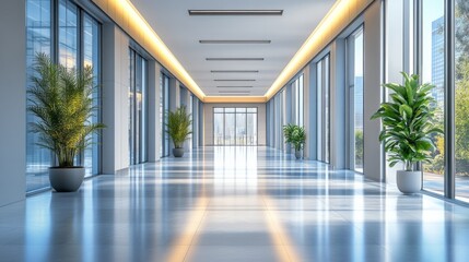 Leinwandbilder - Expansive hallway features large windows that bathe the space in sunlight, complemented by lush greenery in stylish pots, creating a serene atmosphere in a contemporary building