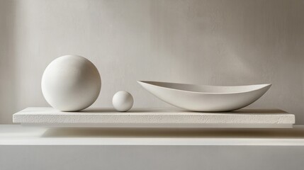 Poster - Soft shapes of white ceramics create a soothing harmony on a minimalist shelf bathed in gentle sunlight, enhancing the contemporary atmosphere of the space