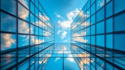 Poster - Tall glass buildings rise majestically, capturing the vibrant blue sky and fluffy clouds in their reflections. The urban landscape radiates energy on a bright day, inviting exploration