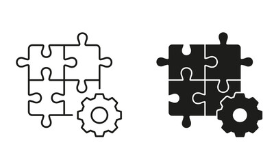 Poster - Business Development, Jigsaw Parts and Cogwheel Line and Silhouette Icon Set. Puzzle with Gear Pictogram. Team Strategy and Creative Solution Sign. Editable Stroke. Isolated Vector Illustration