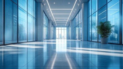 Leinwandbilder - A spacious and bright corridor features tall glass walls that allow sunlight to flood in, illuminating polished floors and a vibrant potted plant, creating a serene atmosphere