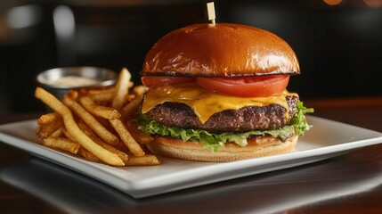 Aufkleber - Delicious cheeseburger with fresh ingredients served on a plate alongside crispy fries in a cozy dining setting