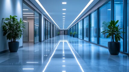 Poster - A spacious corridor showcases polished floors reflecting bright lights. Floor-to-ceiling windows line the walls, letting in natural light. Potted plants add a touch of greenery to the modern design