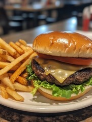 Aufkleber - Delicious cheeseburger served with crispy fries in a casual dining setting at a popular restaurant during lunchtime