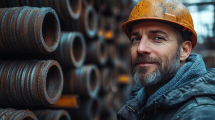 Fototapete - A man wearing a hard hat stands in an industrial workshop surrounded by stacked steel and aluminum components, showcasing his role in manufacturing processes.