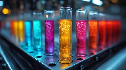 Poster - Test tubes filled with vibrant colored liquids are prominently displayed in a modern laboratory. This setting showcases the chemical synthesis and processing in the petrochemical industry.