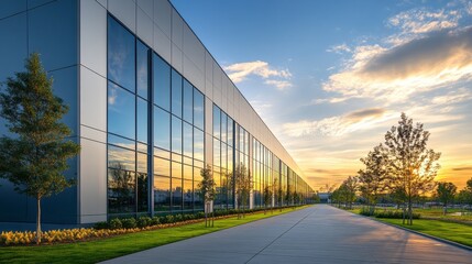 Poster - A sleek building reflects the vibrant hues of the sunset, while green trees line the pathway. The serene scene captures the harmony of nature and contemporary design during twilight