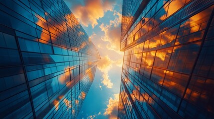 Aufkleber - As the sun dips below the horizon, rich oranges and blues illuminate the glass facades of towering skyscrapers