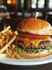 Aufkleber - Mouthwatering cheeseburger with fresh ingredients served alongside crispy fries in a cozy dining setting