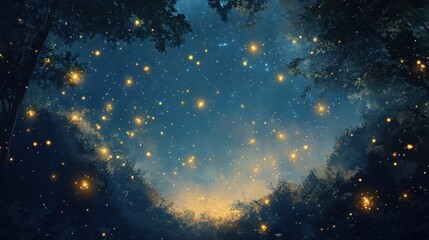 Wall Mural - Enchanted Forest Night Sky Fireflies, Stars, and Dreamy Blue Hues