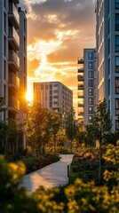 Aufkleber - Sunlight cascades through contemporary apartments, illuminating a lush pathway adorned with vibrant flowers as day transitions into night in a peaceful urban oasis