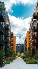 Aufkleber - A refreshing urban landscape features sleek apartment buildings lined by lush greenery under a bright blue sky. Residents enjoy a tranquil path flanked by vibrant plant life