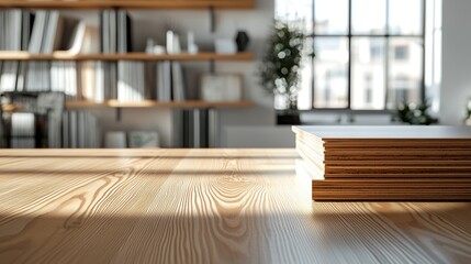Poster - Modern Workspace with Wooden Table and Stacked Papers in Bright Office Environment to Enhance Productivity and Creativity in Design Studios