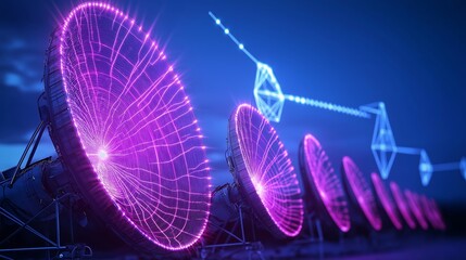 Fototapete - Bright neon visualization of radio wave transmission with antennas at night