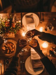 Poster - Couple enjoys a romantic dinner with candlelight ambiance and wine toasts in a cozy restaurant