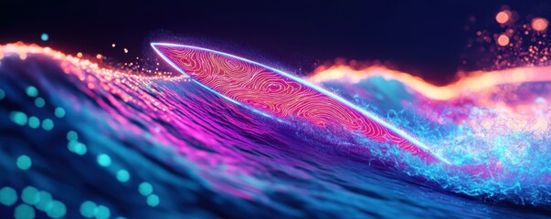 Poster - Neon surfboard riding vibrant waves with glowing patterns in a futuristic ocean scene