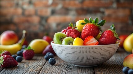 Poster - Fresh fruit bowl artfully displayed on a rustic wooden table in a charming kitchen with brick walls