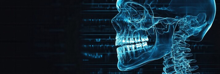 Poster - Jawbone implants showcased in X-ray blueprint, highlighting detailed skeletal structures against a dark medical background