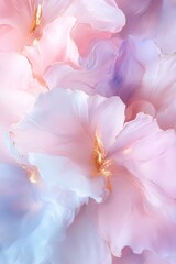 Poster - Wildflowers bloom in shades of pink, lavender, and sky blue, each petal glowing with a translucent quality. Golden splashes enhance the whimsical, airy feel of the artwork