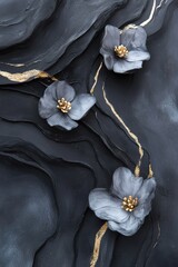 Poster - This charcoal botanical artwork showcases intricate vines and blooming flowers, beautifully highlighted with gold ink, creating a rich, organic feel in a soft-focus aesthetic