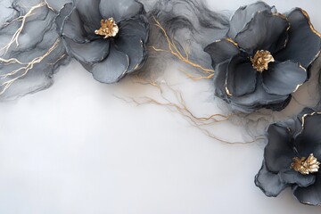 Poster - Intertwining vines and blooming flowers create an elegant charcoal artwork, enhanced by delicate gold highlights that trace each petal, exuding luxury and organic beauty