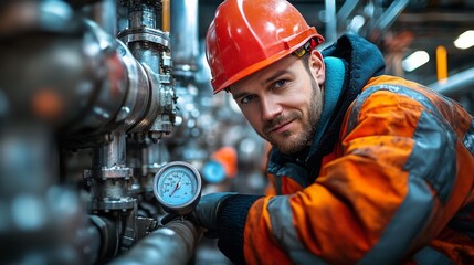 Aufkleber - A worker in an orange safety uniform and helmet inspects a pressure gauge on complex machinery in a busy petrochemical refinery. The environment is filled with pipes and equipment.