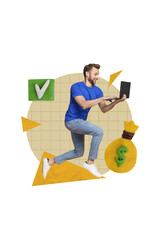 Poster - Collage 3d pinup pop retro sketch image of purposeful guy earning dollars modern gadget isolated painting background