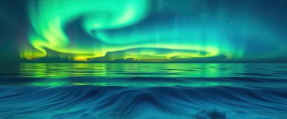 Wall Mural - Green-blue aurora borealis reflected in tranquil northern sea waves under a cosmic nebula sky, Aurora, Nature