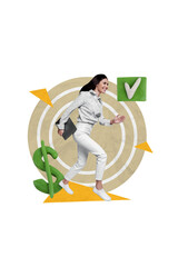 Aufkleber - Collage of young creative business owner lady go netbook achievement done motivation goal startup freelance isolated on grey background