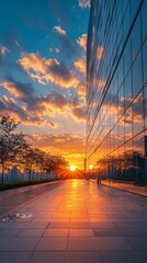 Aufkleber - As day transitions to night, a stunning sunset casts golden hues over sleek skyscraper facades. The pathway glimmers under the warm light, inviting quiet contemplation amid urban beauty