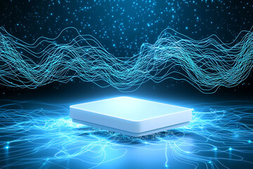 Poster - Dynamic energy waves emitting from a lighted platform futuristic setting digital art abstract visualization