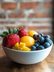 Aufkleber - Freshly arranged fruit bowl showcasing strawberries, blueberries, and mango in rustic kitchen setting with brick walls