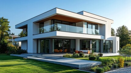 Leinwandbilder - A stunning contemporary house with large glass windows and sleek design stands amidst a vibrant lawn. The evening sun casts a warm glow, emphasizing the harmony of nature and modern living
