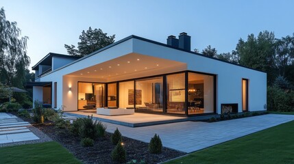 Poster - A stylish modern home showcases large glass windows illuminating the interior at dusk. The landscaped garden enhances the serene ambiance of this tranquil setting