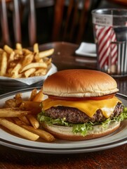 Aufkleber - Enjoying a delicious cheeseburger with fries at a cozy restaurant setting during lunchtime