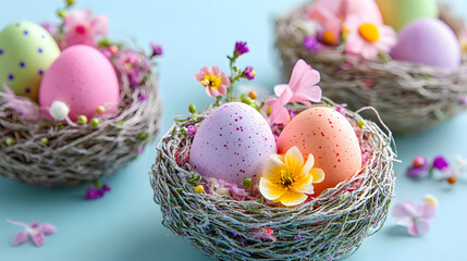 stylized easter nests filled with bright eggs and flower accents.