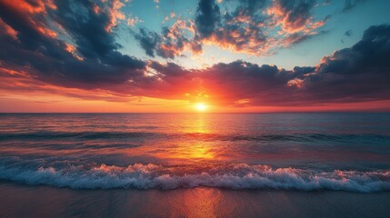 Poster - Tranquil waters cradle the setting sun as vibrant hues intertwine in the sky. Waves kiss the shore, creating an ethereal atmosphere of peace and wonder during twilight hours