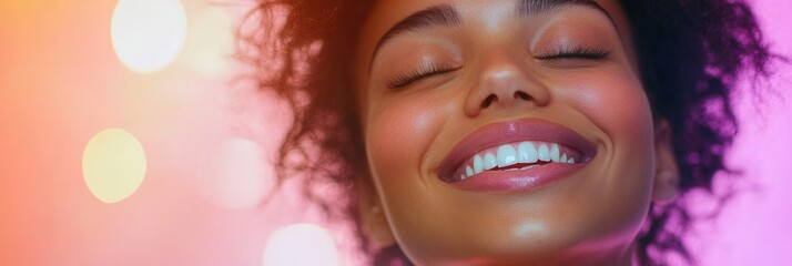 Poster - Bright pastel background highlights joyful person smiling with new dental implants, showcasing natural beauty and happiness in soft bokeh light