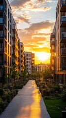 Poster - As the sun descends, vibrant hues fill the sky, casting a warm glow on sleek buildings nestled within lush greenery. A serene pathway invites evening strolls