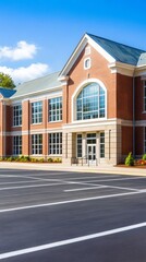 Poster - A contemporary brick structure stands proudly, showcasing large windows that reflect the clear sky. Lush greenery surrounds the entrance, enhancing its inviting appearance in midday light