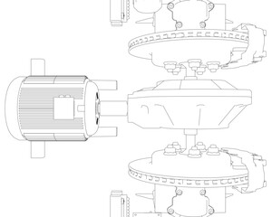 Poster - A drawing of a machine with a motor and a gear. The drawing is in black and white