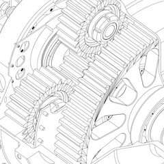 Poster - A drawing of a gear with a black and white color scheme. The gears are shown in detail, with the inner workings visible. Concept of precision and complexity