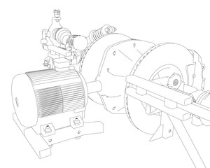Poster - A drawing of a machine with a black and white color scheme. The drawing is of a machine with a motor and a gear