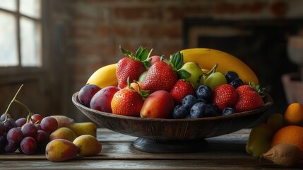 Aufkleber - Freshly arranged bowl of colorful fruit on a rustic wooden table in a cozy kitchen setting