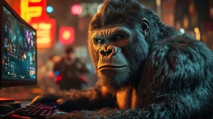 Fototapete - A powerful and focused gorilla sits at a sleek computer, fully immersed in gaming. Neon lights illuminate the bustling urban background, adding to the energetic atmosphere.