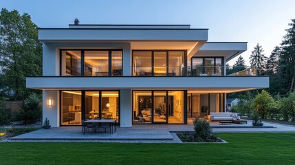 Aufkleber - Striking contemporary home set against a twilight sky, featuring clean lines and large windows. Soft lights highlight the elegant design while the lush garden adds tranquility